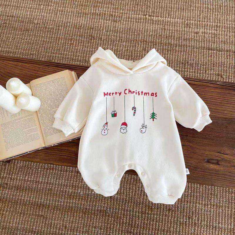 

British Infant and Toddler Autumn and Winter New Stylish Snowman Jumpsuit for Boys and Girls, Newborn Fleece-Lined Hooded Romper White 59