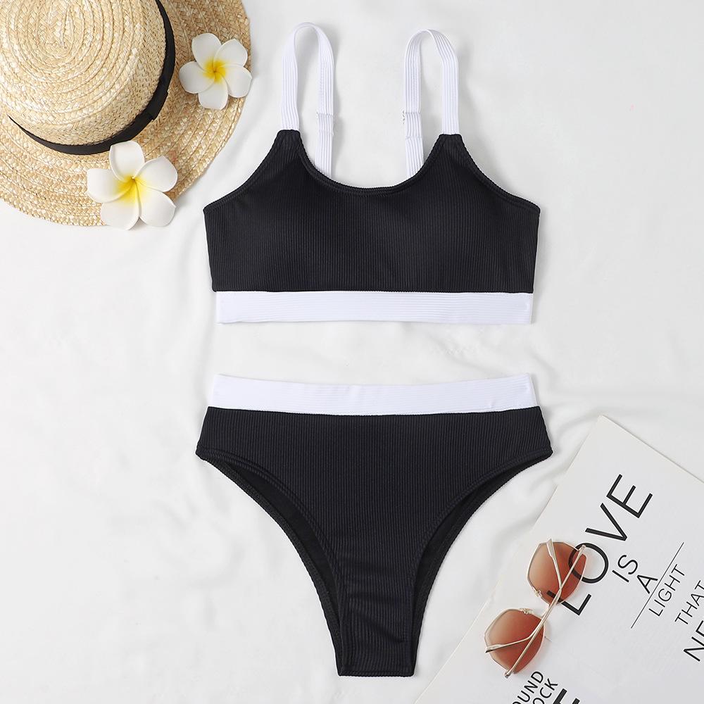 

Высокая талия Pit Bar Контрастная майка на бретелях Комплекты бикини Разделенный купальник Женские купальники с открытой спиной XL чёрный