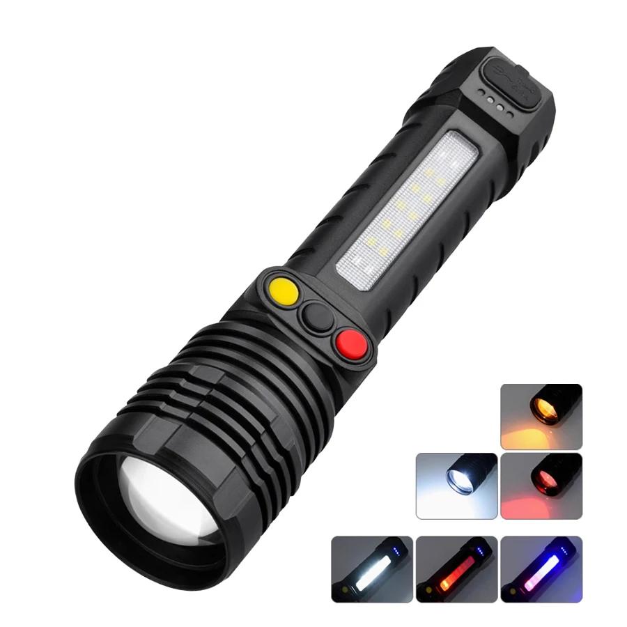 Super Bright LED Flashlight USB Rechargeable Torch with Red and Green Light Telescopic Zoom Lamp Outdoor Emergency Explore Light