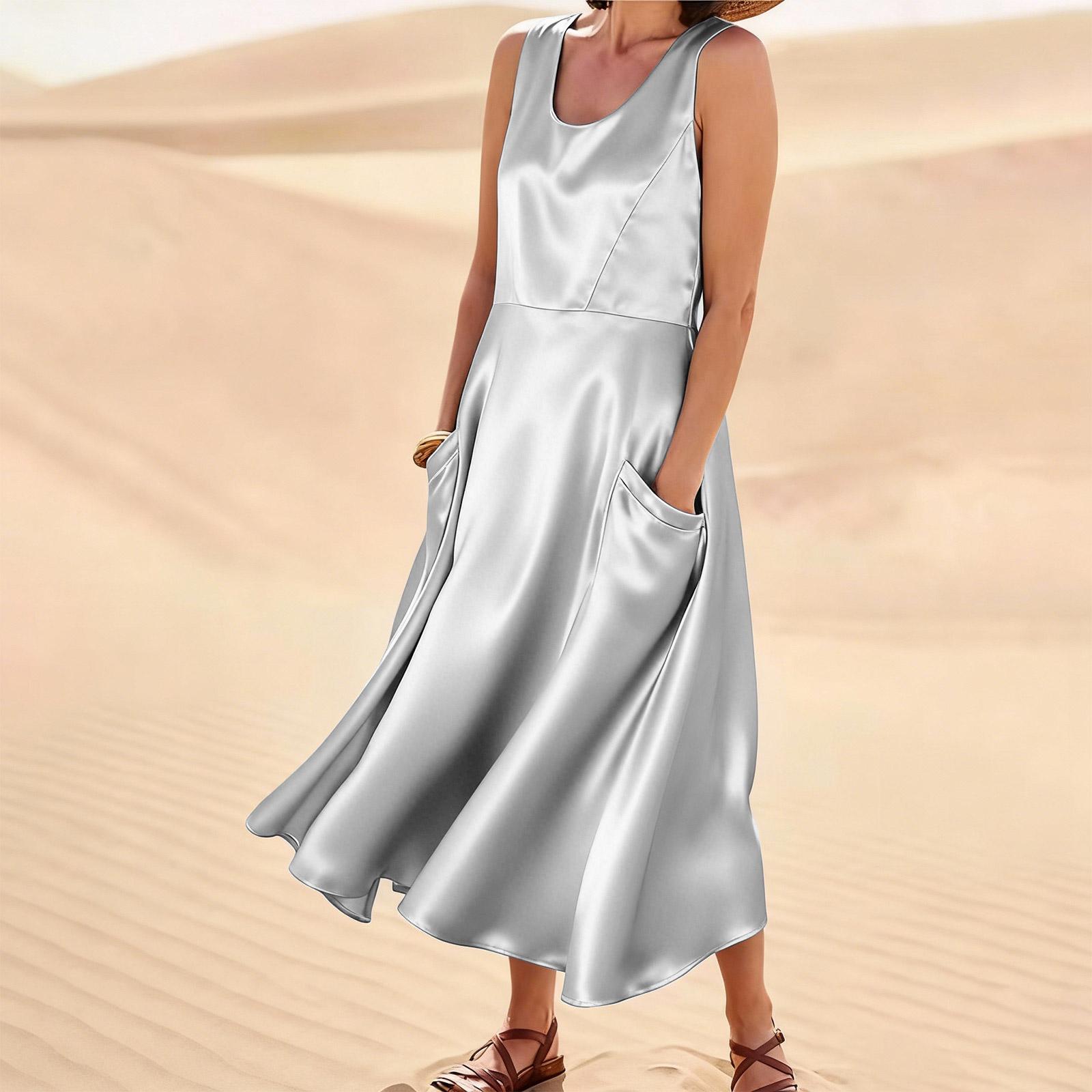 

Women s Fashion Casual Colour Sleeveless Cotton Linen Pocket Dress XL білий