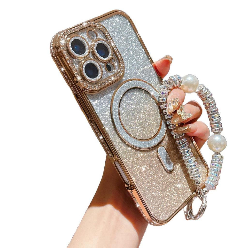 Side drill gradual change glitter magnetic mobile phone case for Apple 16E trend 15PROMAX pearl bracelet 11/12
