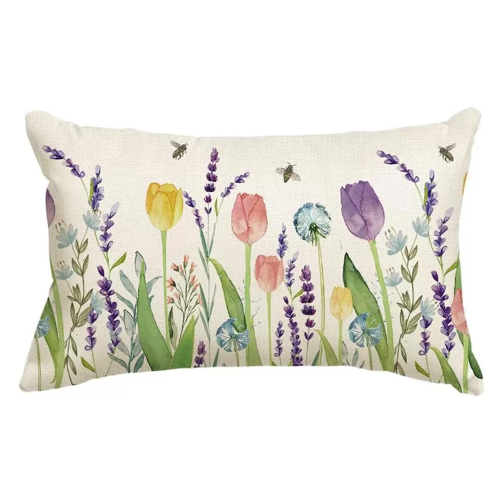 New Spring Flower Pillowcase Linen Printed Floral Sofa Cushion Cover Home Pillowcase