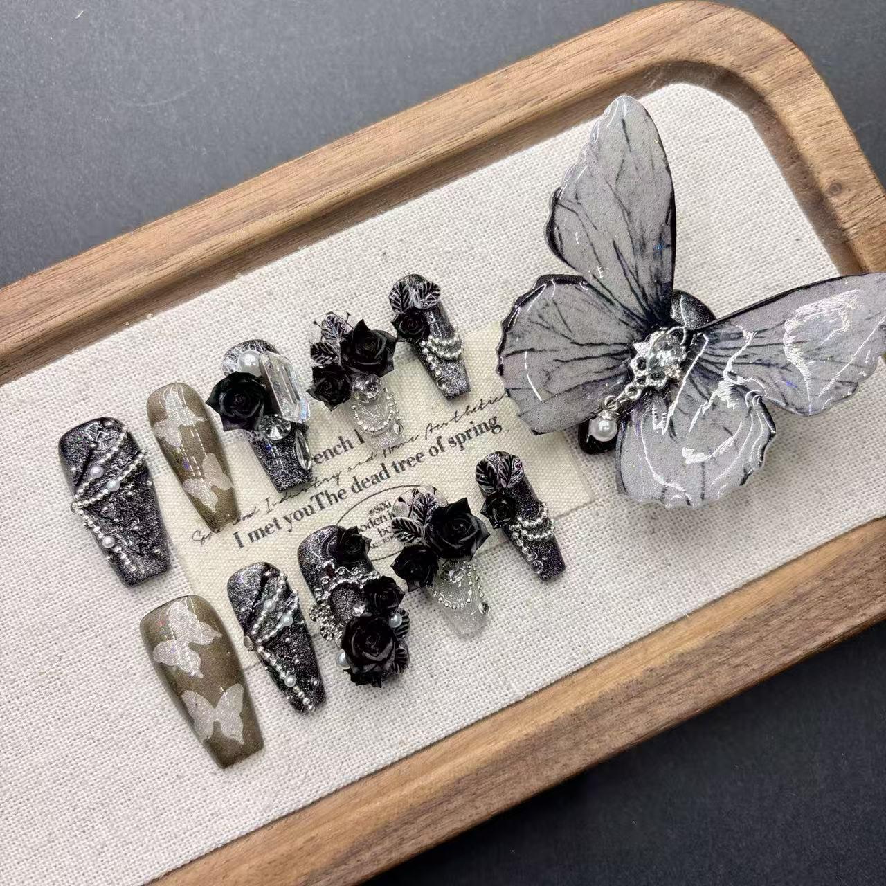 11 Fingers Dark Butterfly Medium Length Handmade Pointed Nails