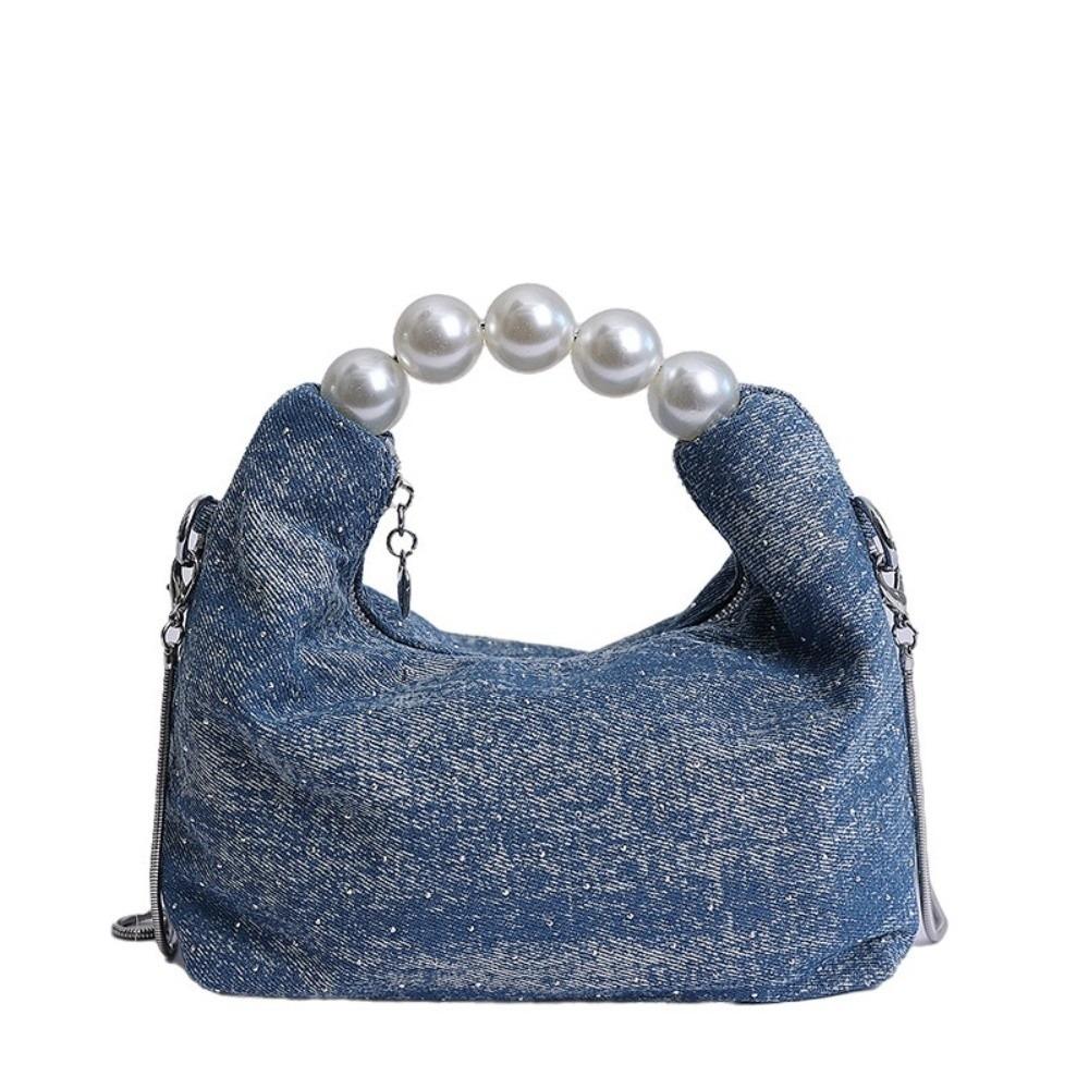 

Square Pearls Denim Bag Korean Women s Handbags Elegant Denim Crossbody Bag Purse Style 3