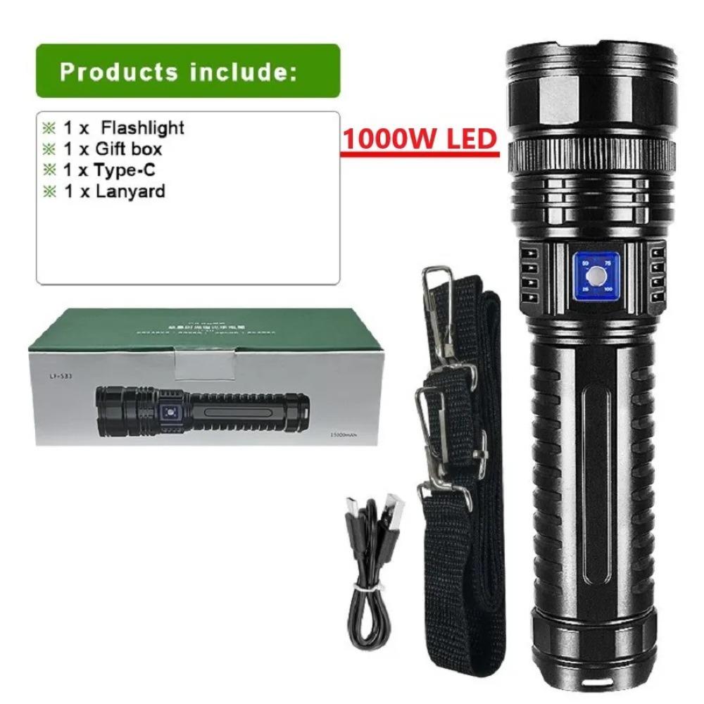9000LM Rechargeable Flashlight 1000W Torch Light 15000mAh High Power LED Flashlights 5000M Super Powerful Flashlight