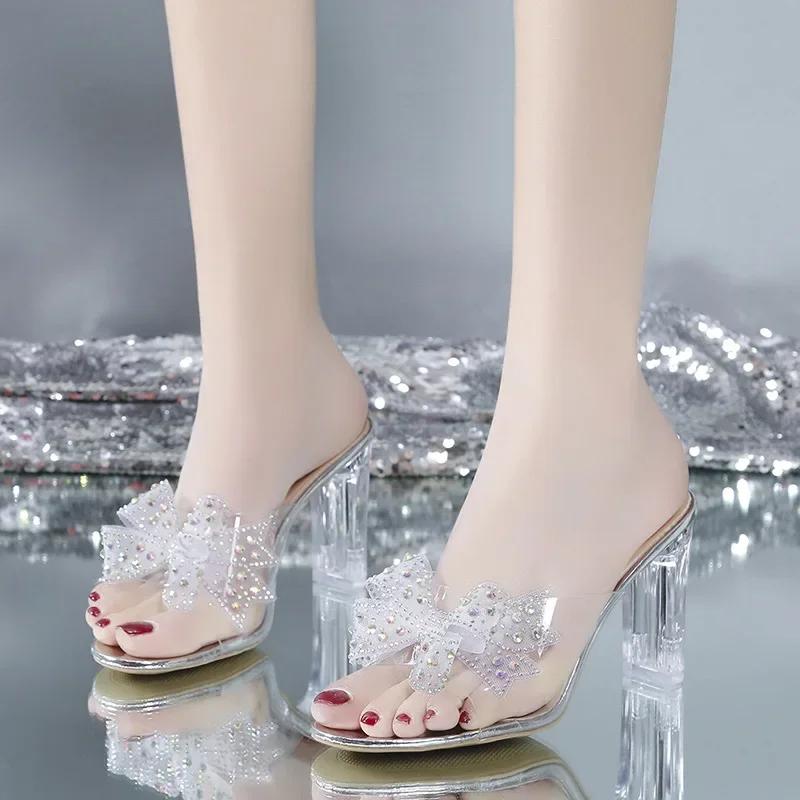 Fashion High Heeled Slippers for Women 2025 New Fashion Korean Version Rhinestone Bow Transparent Crystal Heel Sandals for Women