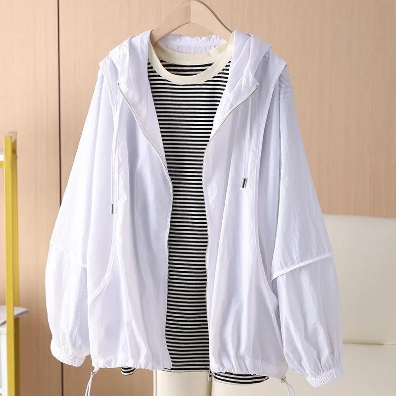 Simple Female Summer Leisure Versatile Hooded Sunscreen Tops  Jacket Women Solid Color Loose Fit Hooded Sunscreen Flothing Coat