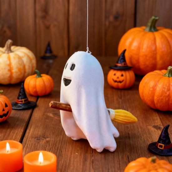 Halloween Ghost Figurine Cute Small Ghost Riding Broom Statue Mini Plastic Ghost Halloween Tabletop Decor for Tiered Tray Bookshelf Desk Decor