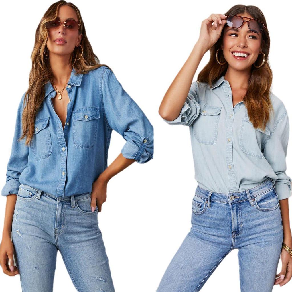 Women's Long-Sleeve Denim Shirt - Casual European & American Style, Autumn, Lapel, Single-Breasted