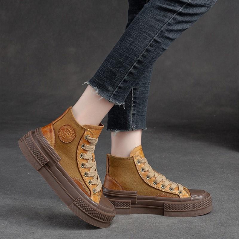 Johnature Pravá kůže Ženy Ležérní Ploché Šněrování s kulatou špičkou Silná podrážka Pohodlné boty na platformě
