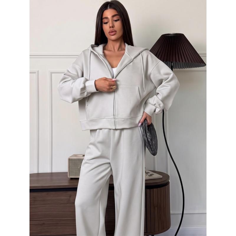 Women S Loose Hooded Zip Sweatshirt Tracksuit Two Piece Set Solid Color
