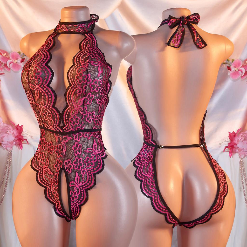 Women's Backless Deep V-neck Style Erotic Sexy Bodysuit Transparent Lace Crotchless Seductive Date Lingerie One-piece Nightgown