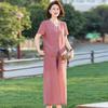 Letní bavlněno-lněný set: Dámský volný zeštíhlující dvoudílný outfit - Top a kalhoty se širokými nohavicemi pro matky středního a staršího věku