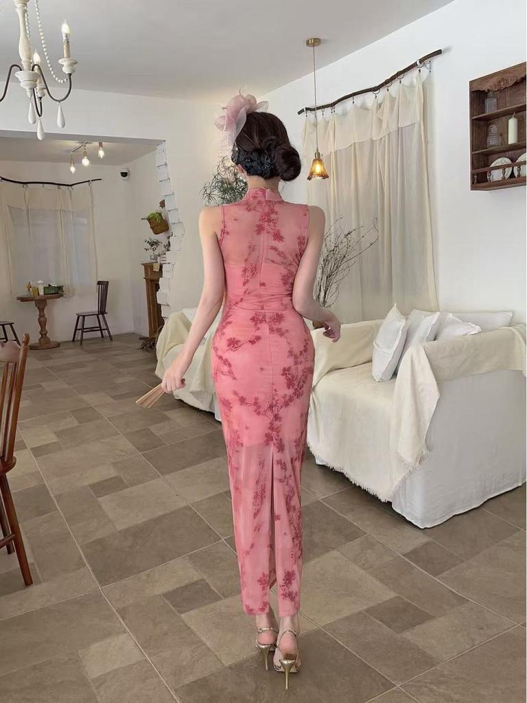 Guofeng 9733 New Chinese Style Floral Mesh Qipao Dress