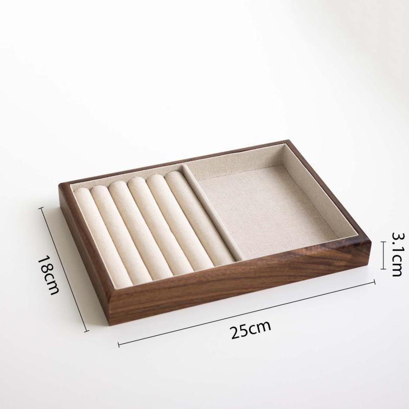 Black Walnut Metal Jewelry Tray with Linen Display for Rings