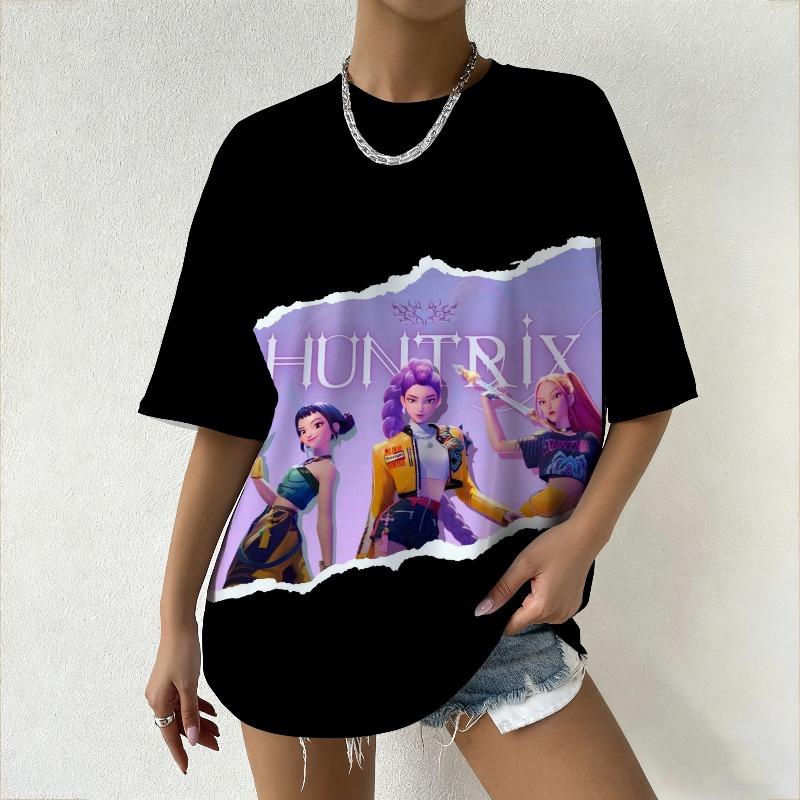 Women's Oversized T-Shirt with KPop Demon Hunters Animated Characters & Derpy Print T-shirt for Casual Daily Wear&K-pop Fans