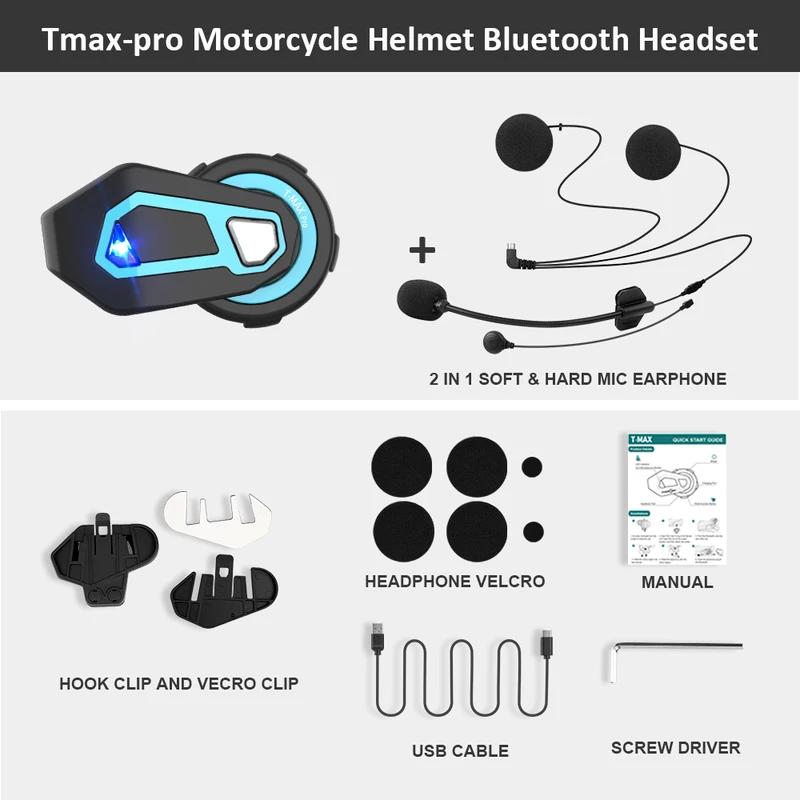 T Max Pro Motorcycle Intercom Bluetooth Helmet Headset 6 Riders BT 5.0 1200M FM Motor Interphone Communicator Earphone