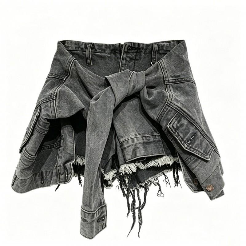 Distressed Asymmetrical Long Sleeve Tie-Up Skort
