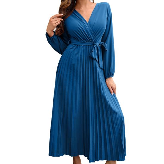 Cross V-neck Lantern Long Sleeve Waist Strap A-Line Autumn Dress Simple Pure Color