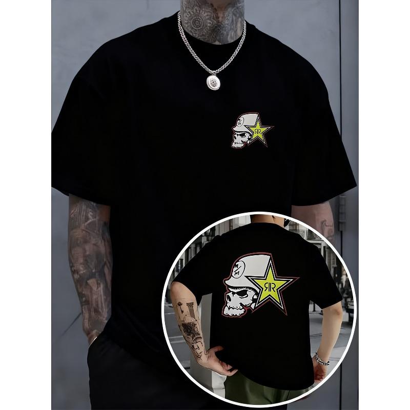 Trendiges kurzärmeliges T-Shirt mit Totenkopf- und Sternenprint, beidseitiger Druck, Design vorne und hinten