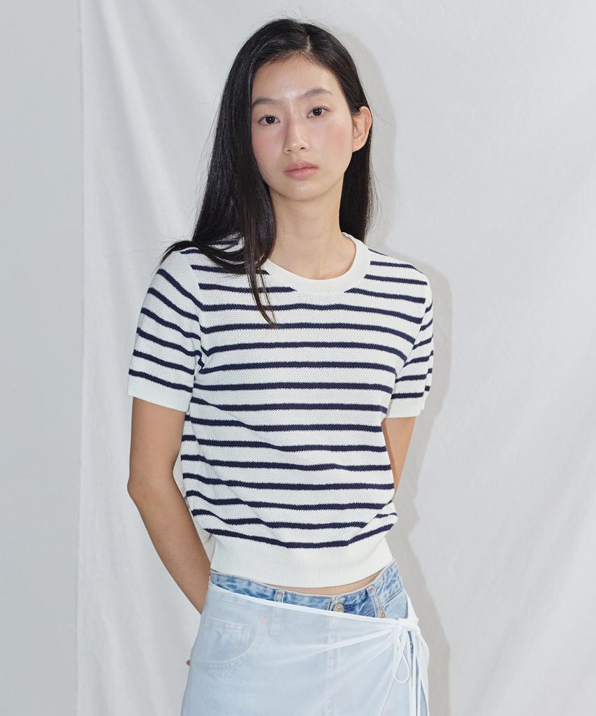 CITYBREEZE Cotton Blend Striped Round Neck Short Sleeve Knit_4 Colors