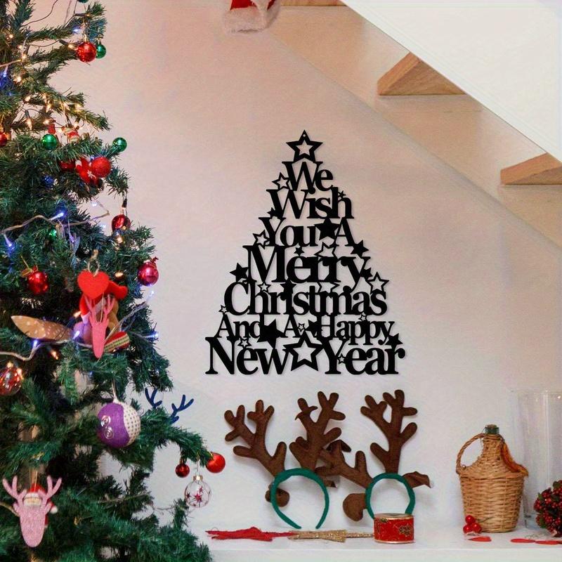1pc Merry Christmas & Happy New Year Metal Wall Decor - Heavy-Duty Cast Iron Holiday Decoration with Christmas Tree Design
