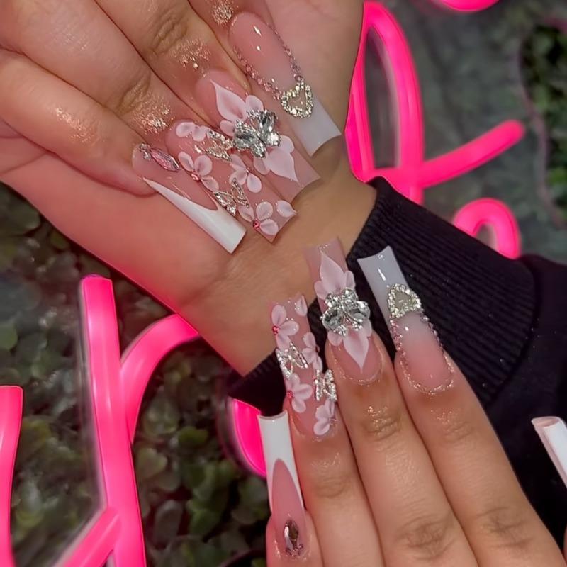 Noste Dlouhý Francouzský Ručně Dělaný Manikúrní Kousek Kamínkový Postupný Přechod Odnímatelná Nálepka na Nehty