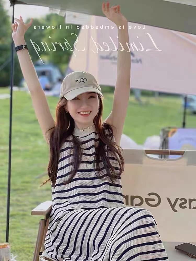 Women's Sleeveless Striped Knit Dress - Loose Long Slit Style, Round Neck, Slimming and Versatile, 2026 Summer New Arrival.