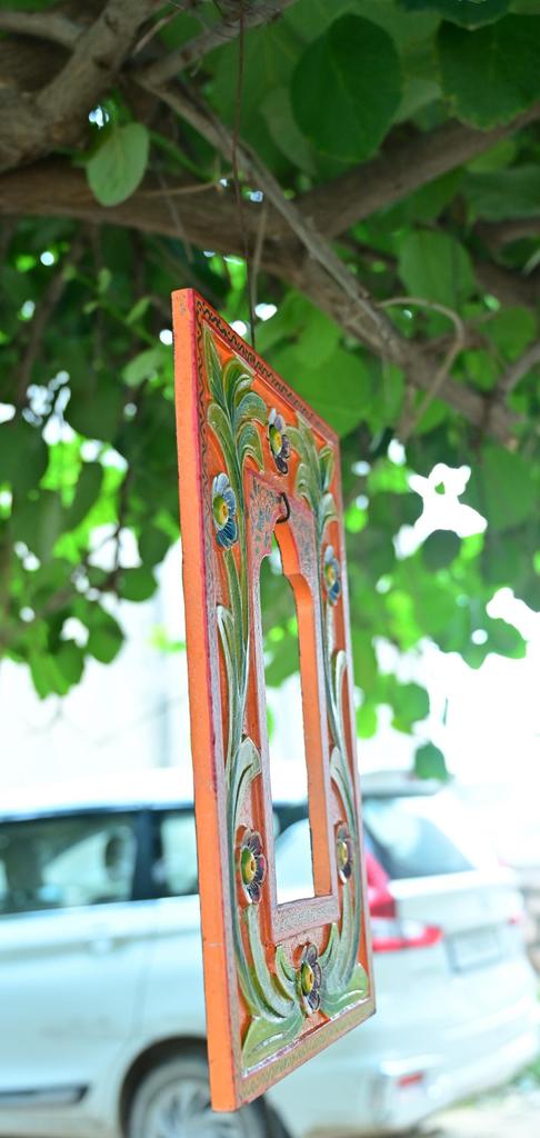 Hand Carved Vibrant Orange Wooden Jharokha Wall Decor: Painted Flower Design Indian Frame