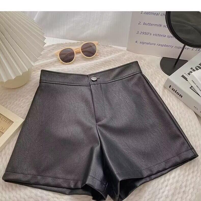 Women's Petite Slimming A-Line Hot Pants Fall Spring Mini PU Leather Shorts Girlfriend Street Style Versatile Pants Mini Shorts