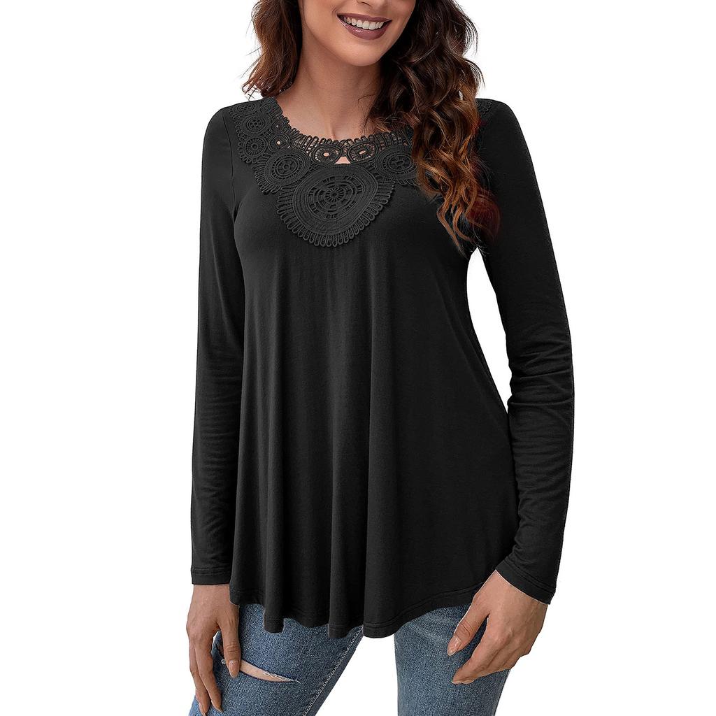 Fashion Women's  Long Sleeve Round Neck Lace Loose Soft Comfortable Elastic Tops