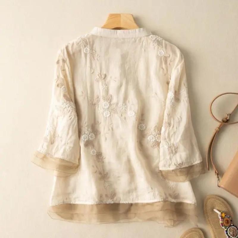 Button Front Floral Textured Blouse Vintage Three-quarter Sleeve Blouse for Spring & Fall Women's Clothing
