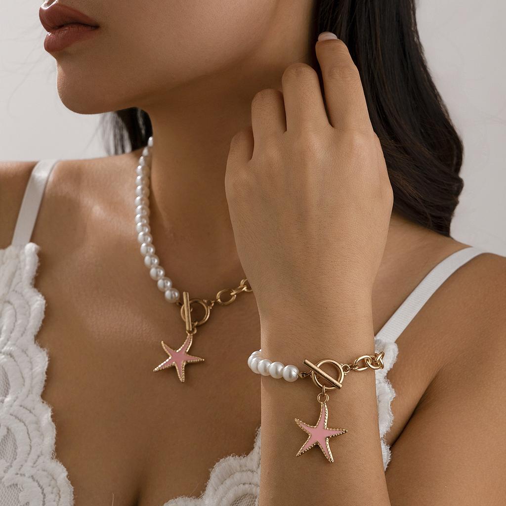 Ocean Style Colorful Starfish Pendant Necklace, Asymmetrical Imitation Pearl Necklace For Beach Vacation