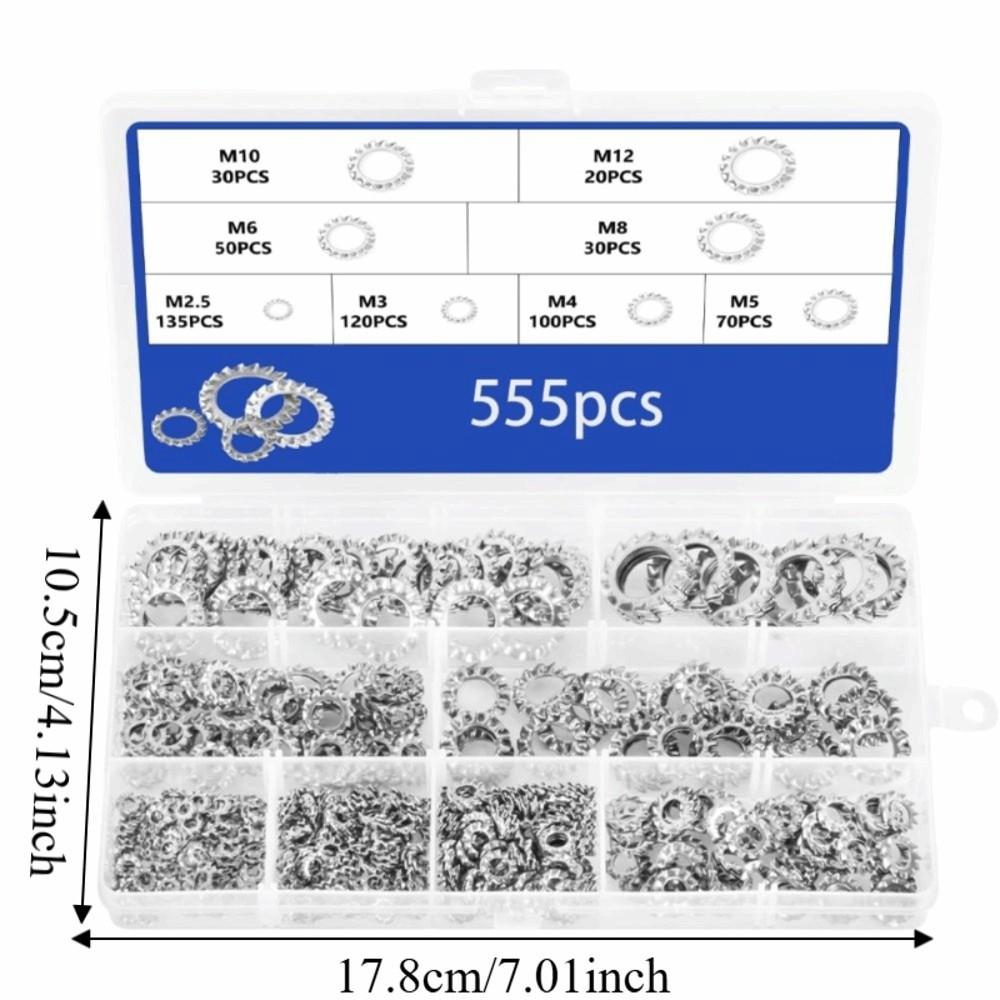 555Pcs/Box Stainless Steel Lock Washers Anti-Slip Locking External Tooth Lock Washers Durable Washers Assortment Kit