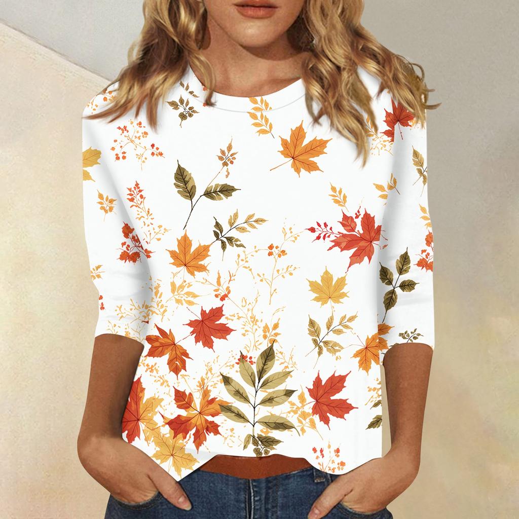 Women's Casual Three-Quarter Sleeve Round Neck Top with Maple Leaf Print for Everyday Wear