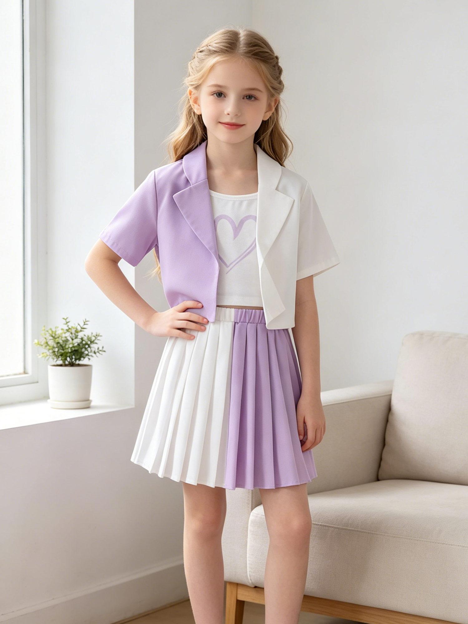 

3 Pcs Girls Preppy Skirt Set, Color Block Blazer Jacket with Heart Tee and Pleated Skirt, Trendy Outfits for Kids 8-12 Years 11-12Y фіолетовий