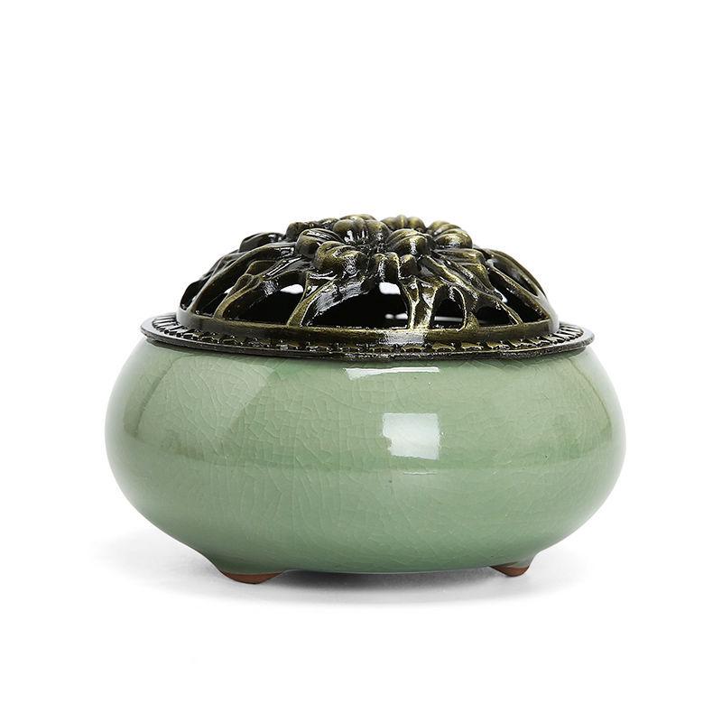 Colorful Crackle Glaze Ceramic Aromatherapy Burner with Bronze Cover for Household Incense and Mosquito Repellent