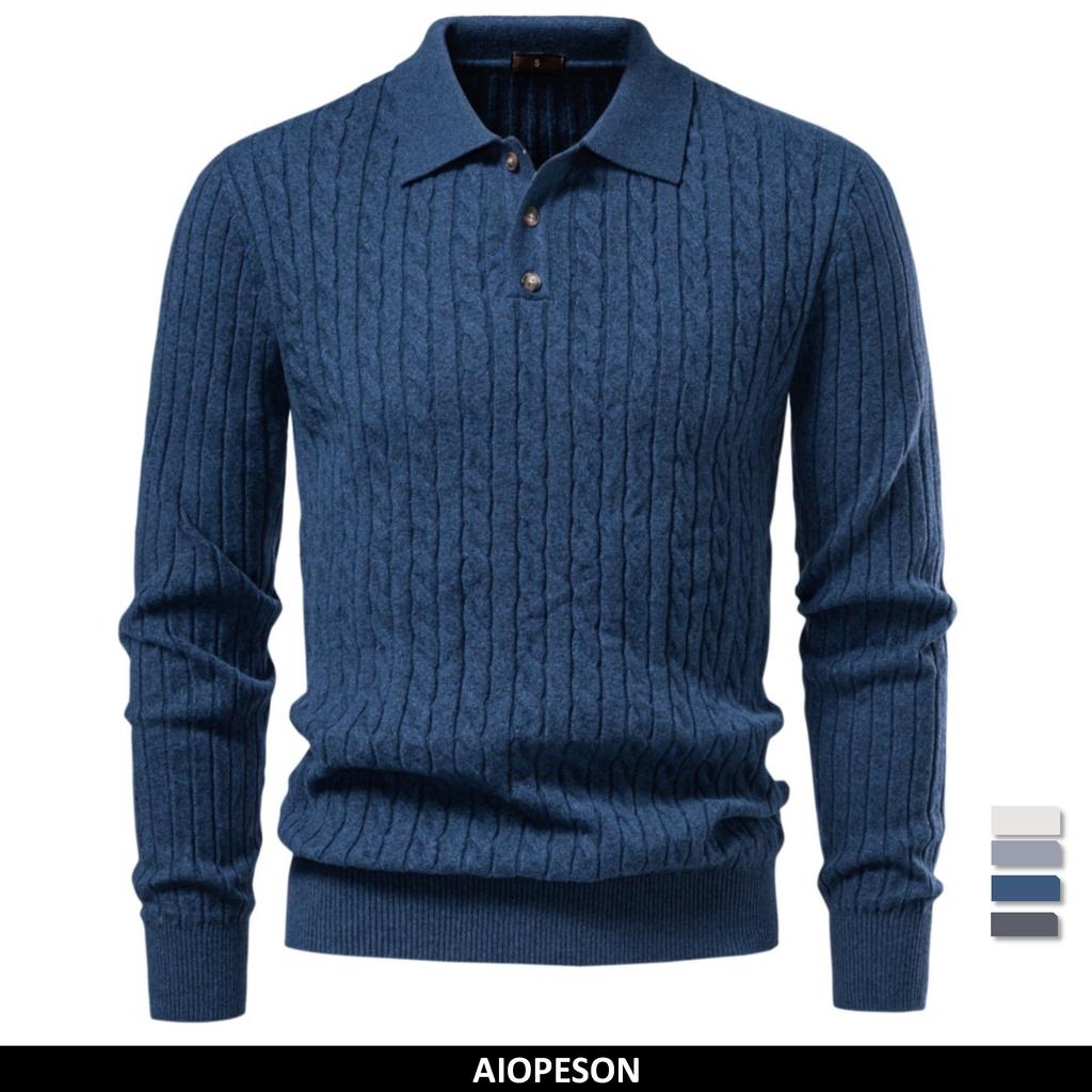 AIOPESON Men’s Knitted Polo Sweater 2026 Autumn Winter Fashion Collared Button Long Sleeves Casual Slim Fit Pullover