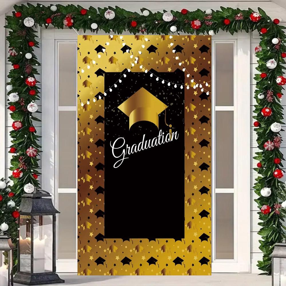 Abschlussfoto-Hintergrund, Glückwünsche, Abschlussfeier, Abschlusskappe mit gold-schwarzem Pailletten, Plakat mit personalisiertem Text, Banner