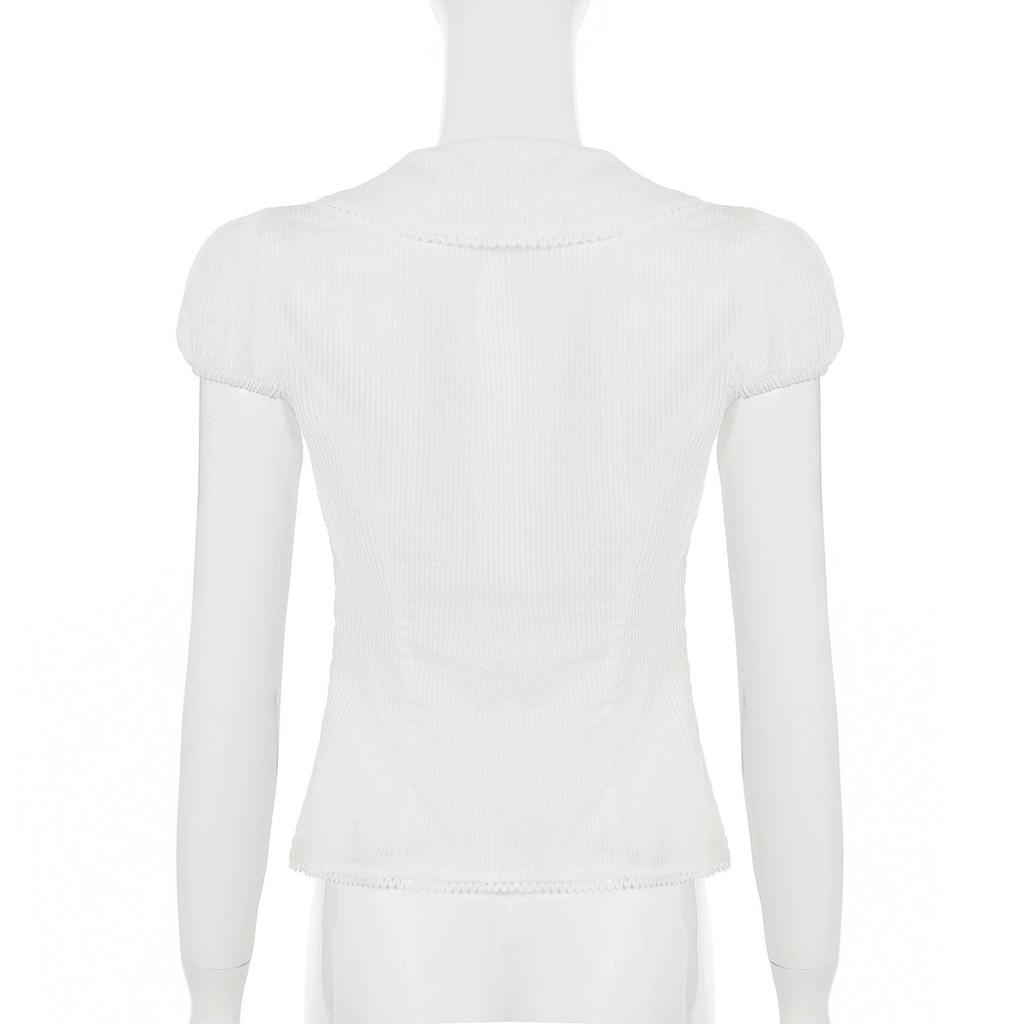 Doll Face Academy Short Sleeve Sheer Top with Pearl Buttons and Slim Fit