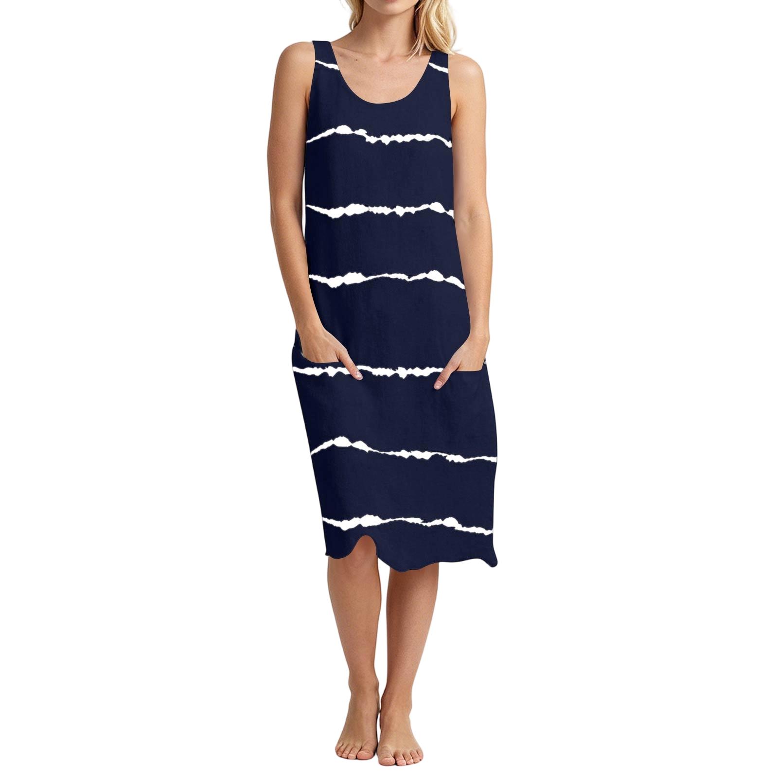 

Women Sleeveless Casual Loose Fit Striped Midi Dress Summer Tank Style Soft Fabric Comfortable Relaxed Silhouette Dress L синій