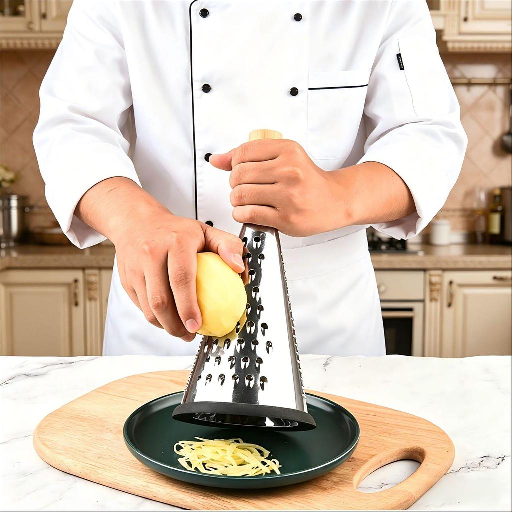 Multi-functional Wooden Handle Tri-Sided Stainless Steel Grater for Fruit, Vegetables, and Cheese