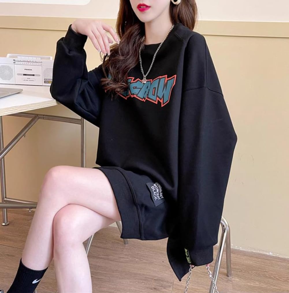 JIYUTOR Long Sleeve Loose Round Neck Pullover Plus Oversized English Stylish Korean Loose Fleece Size Women's Sweatshirt, Fit, Hoodie, Size,