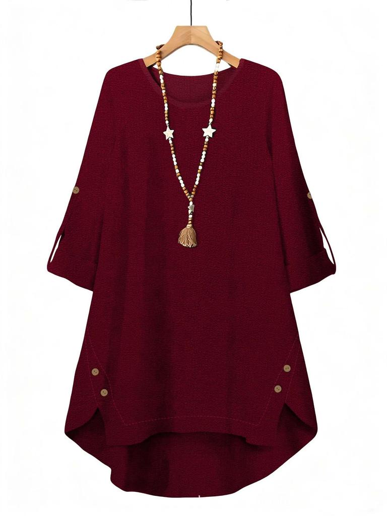 Spring-Summer Plus Size Casual Solid Color Long Top - Comfortable European American Style