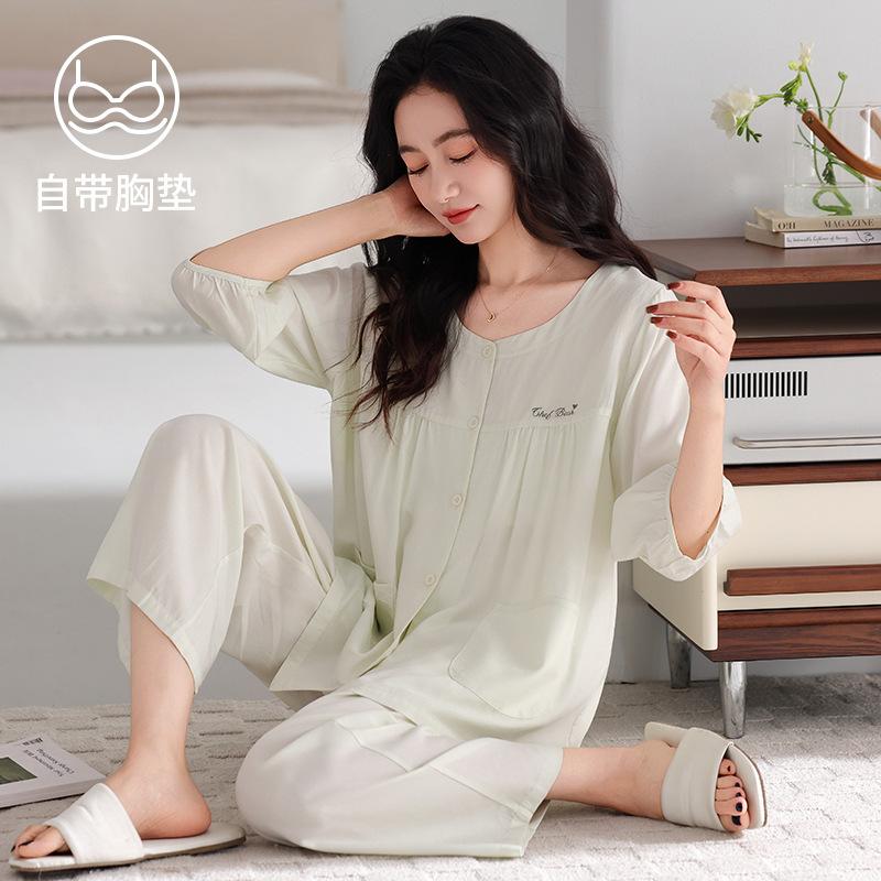 Pajamas Ladies Summer Seven-Point Cuffs Chest Pad Tencel Lyocell Middle-aged Mom Lady Wind No Collar Homewear