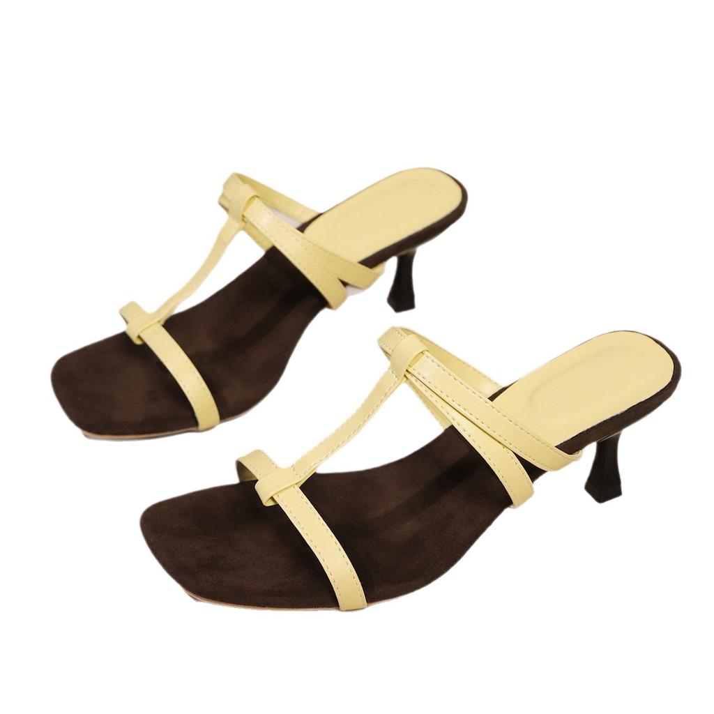 Summer New Versatile French High-heeled Slippers Women's Fashion Outer Wear Square Thin Heel I-strap Roman Slippers