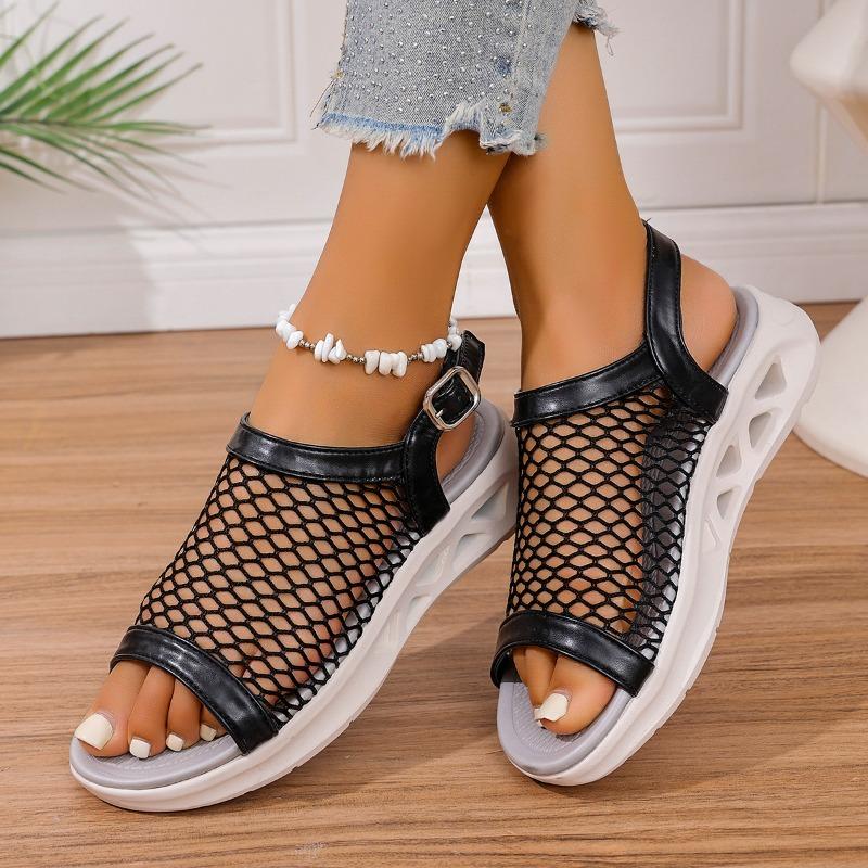 Mode 2025 Sommer Neu Große Größe Flache Sandalen Atmungsaktive Fischmaul-Netzoberfläche Koreanischer Stil Lässige Schiebe-Plateausandalen