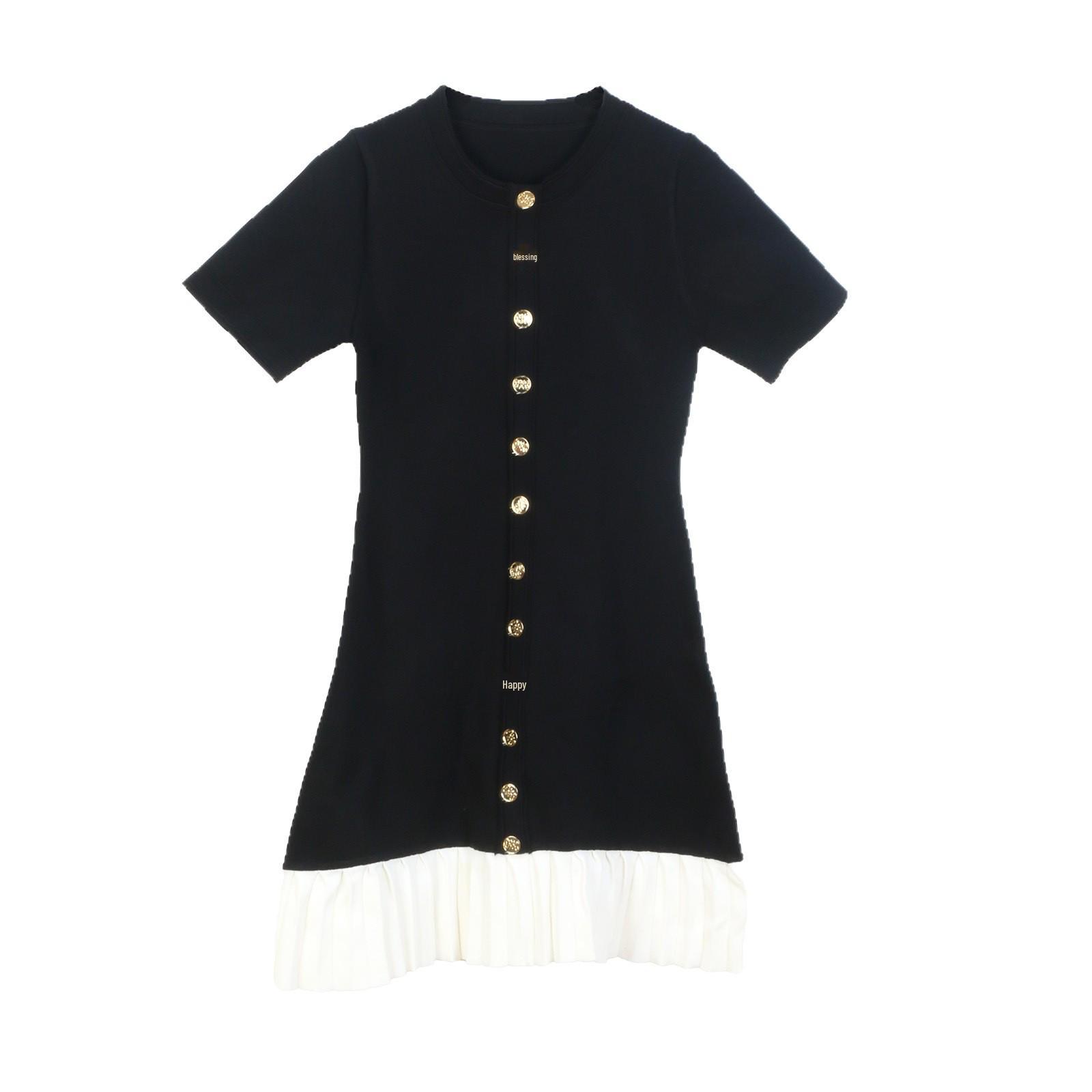 

French-Inspired Color-Block Pleated Dress - Slim Fit, Short Sleeve, Single-Breasted for Women Large