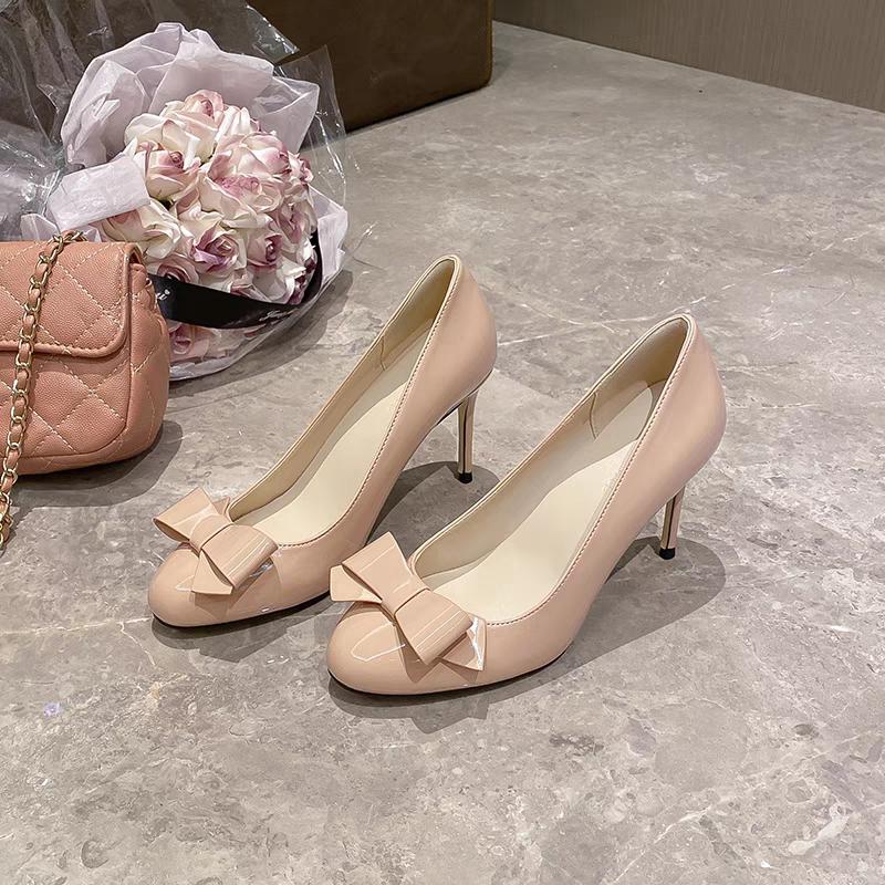 Jesień Nowe Okrągłe Palce Płytka Kokarda Wsuwane Antypoślizgowe Odporne na Ścieranie Wysokie Obcasy Szpilki Pojedyncze Buty