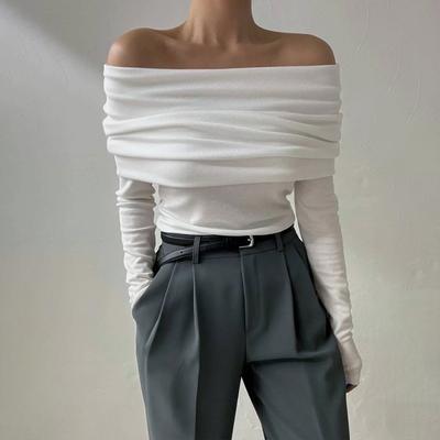 Women's Sexy Off Shoulder Sweater Long Sleeve Ruched Knitwear Casual Ribbed Pullover Jumper Top for Women Spring Fall Blouse Going Out Nightout Shirt